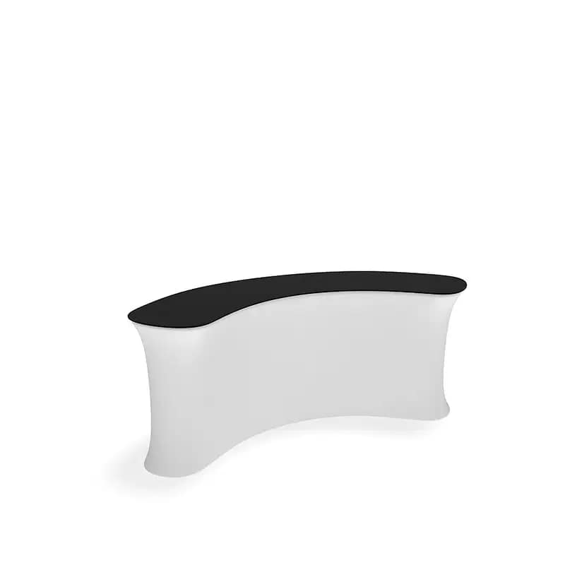 Curved WaveLine® InfoDesk with a black top, ideal for enhancing visitor engagement at exhibitions and events.