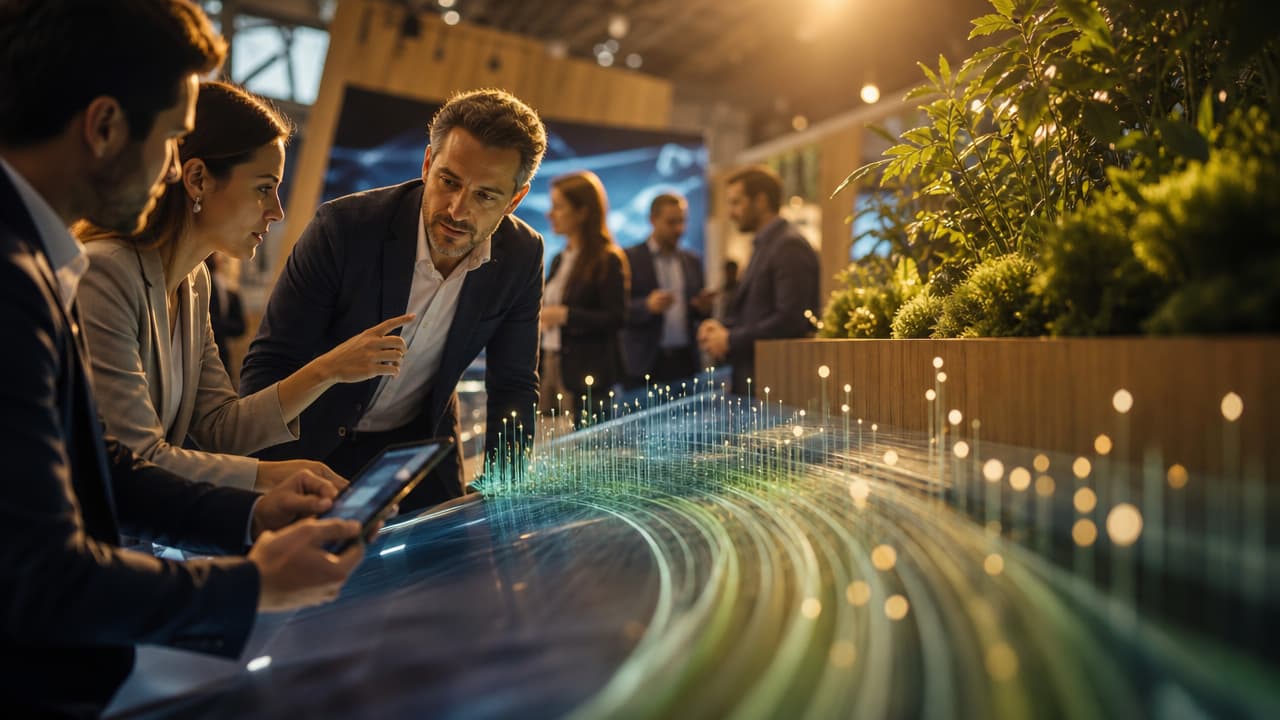 Exhibitors reviewing trade show booth engagement metrics on digital dashboards to improve exhibition marketing ROI