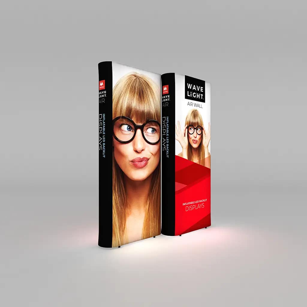 Portable WaveLight® Air Wall Lightboxes showcase vibrant fabric graphics, ideal for trade shows and brand activations.