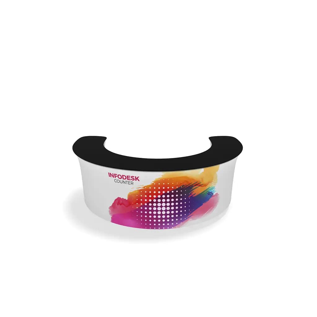 WaveLine® InfoDesk showcasing vibrant graphics, ideal for portable exhibition counters and enhancing visitor engagement.