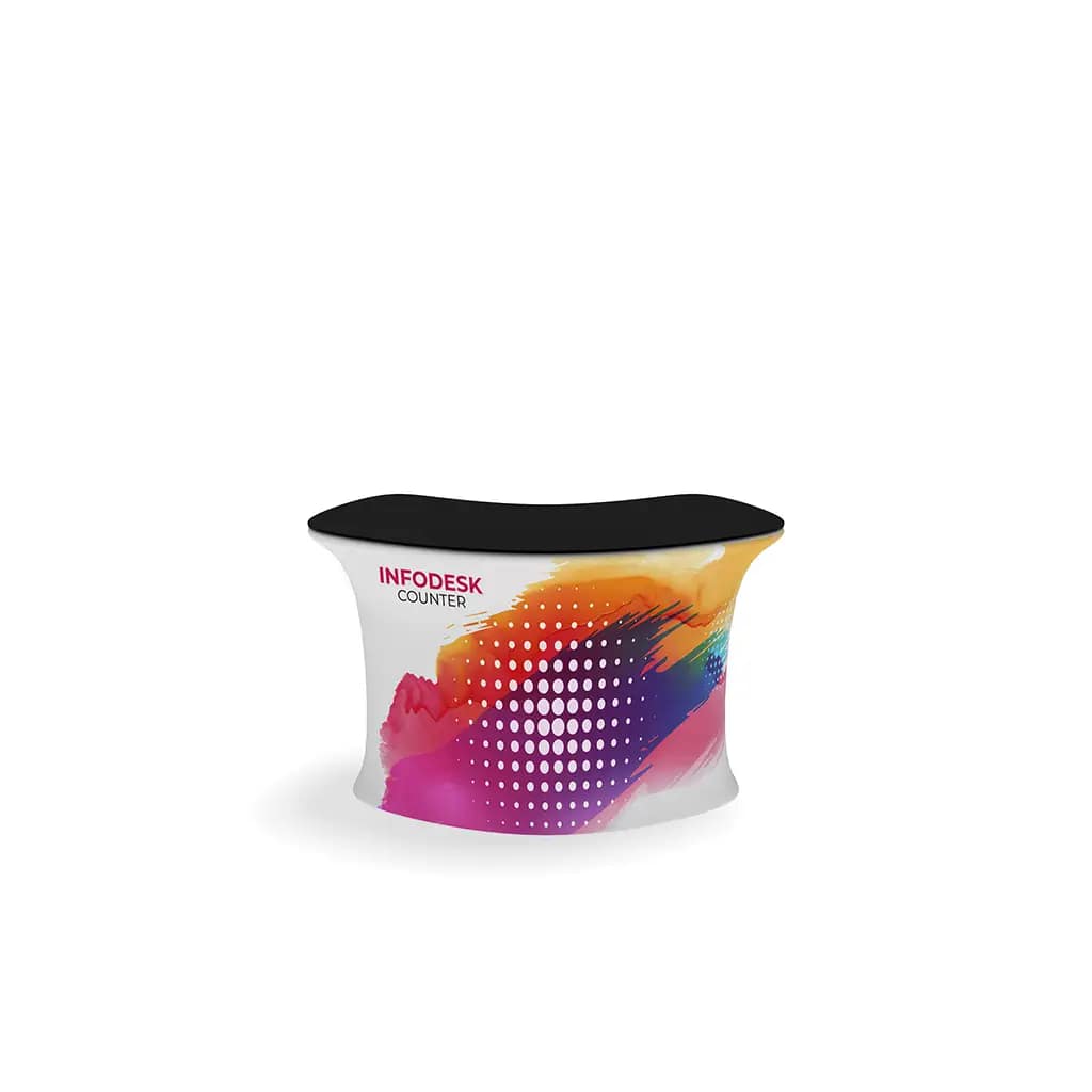 WaveLine® InfoDesk features a vibrant, fabric-covered design ideal for portable exhibition setups and branding.
