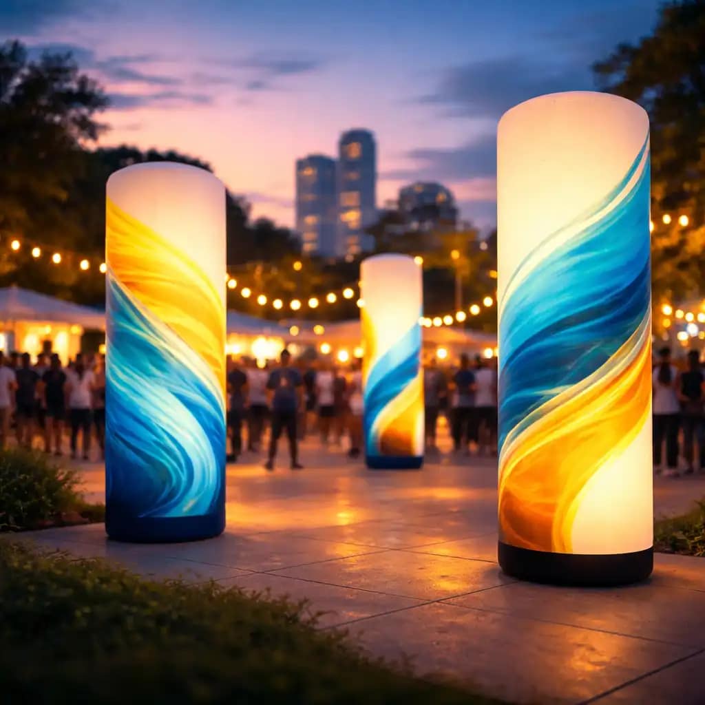 Trade show booth using WaveLight Air Towers as illuminated inflatable displays for 360-degree brand visibility