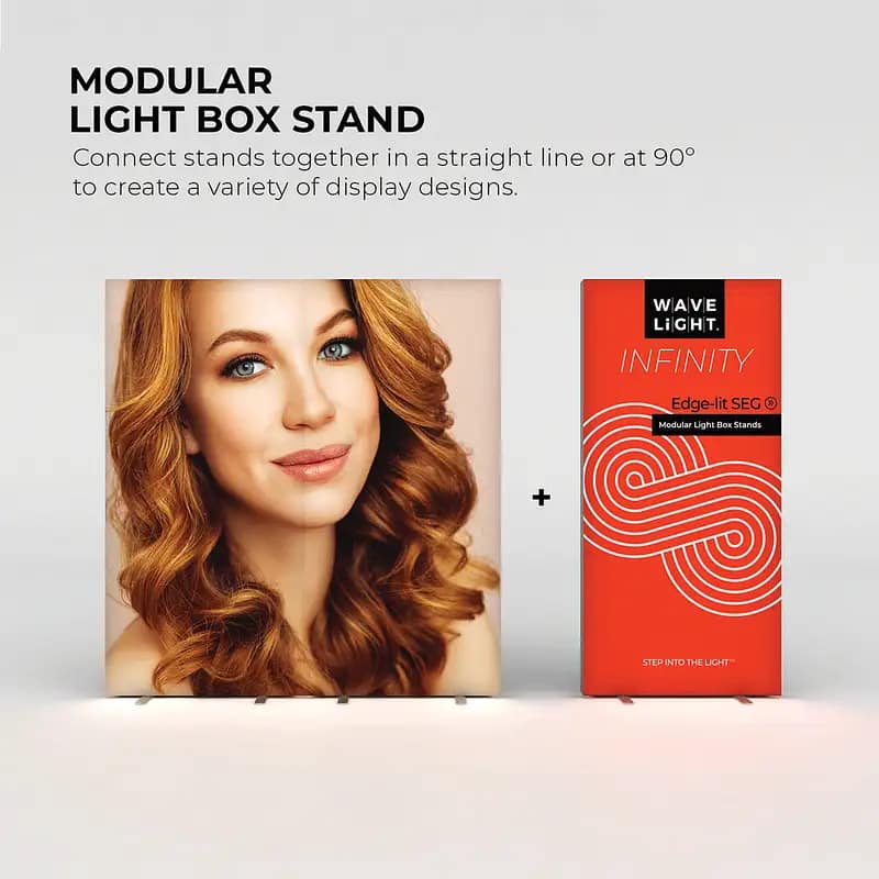Modular WaveLight® Infinity SEG lightbox stand showcasing illuminated fabric displays for versatile event setups.
