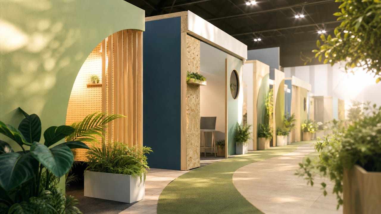 Modern Australian shell scheme booth with bold graphics, LED lighting, and modular displays