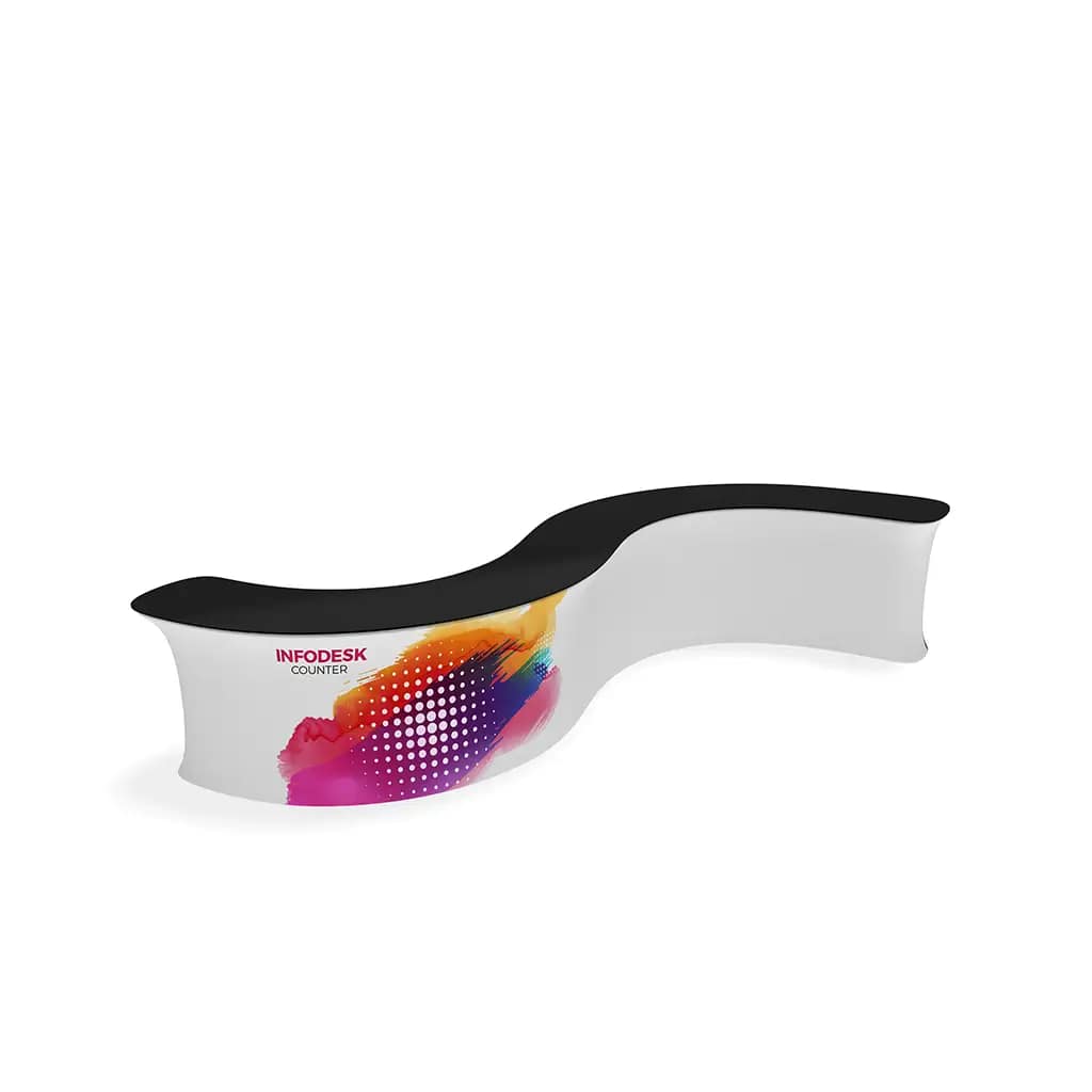 Curved WaveLine® InfoDesk showcasing vibrant design, ideal for customizable exhibition counters at events.