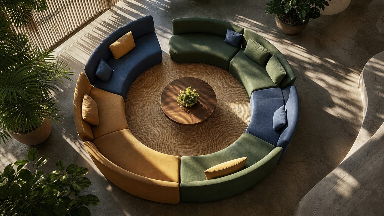 Modern innovative meeting areas with flexible seating and digital collaboration tools supporting hybrid teams