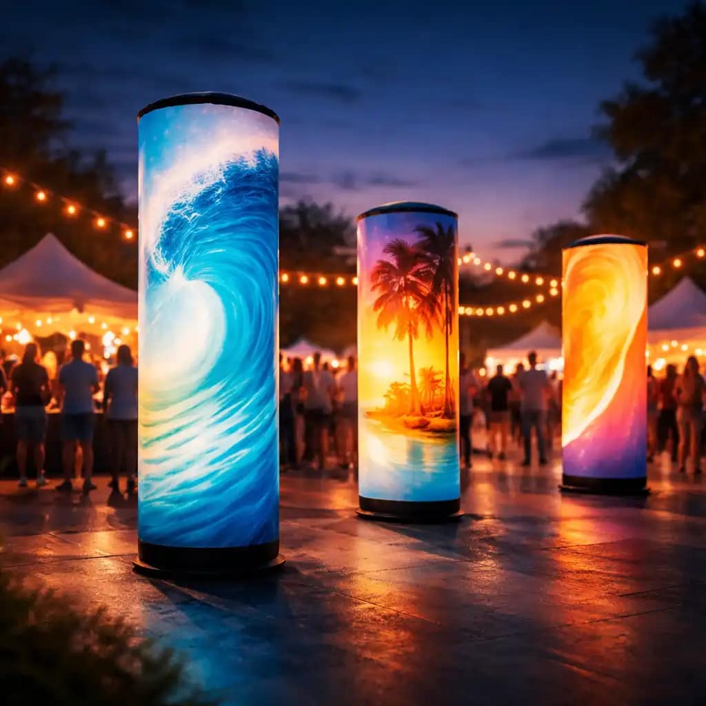 Trade show booth using WaveLight Air Towers as illuminated inflatable backlit banners to attract visitors