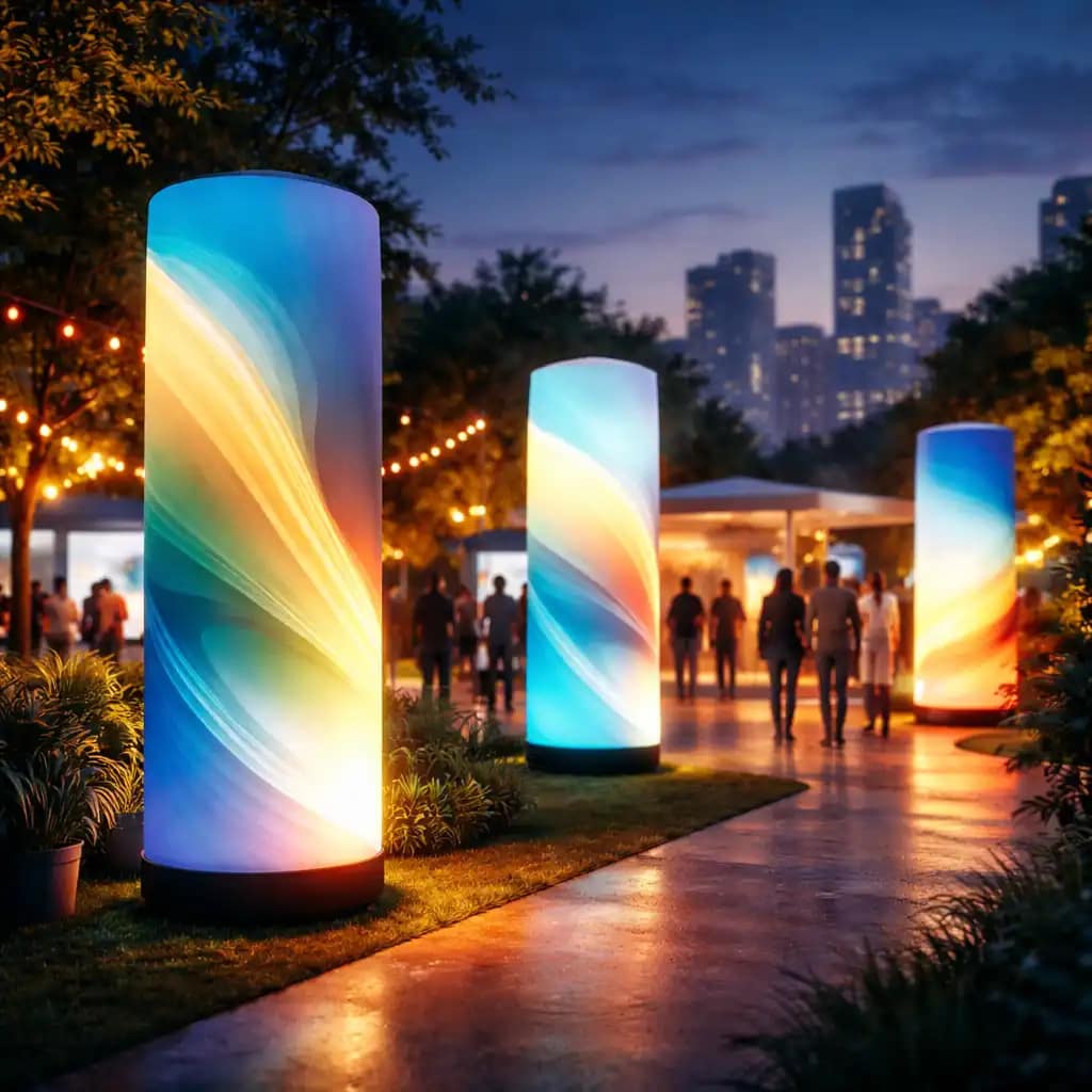 Trade show booth using LED inflatable marketing towers for 360-degree illuminated branding