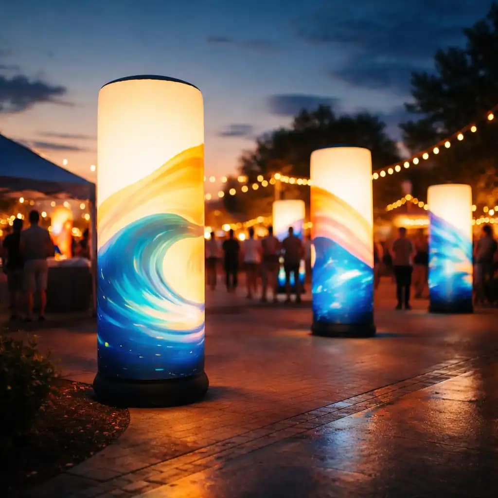 WaveLight Air Towers trade show stand with 360-degree illuminated branding and backlit graphics