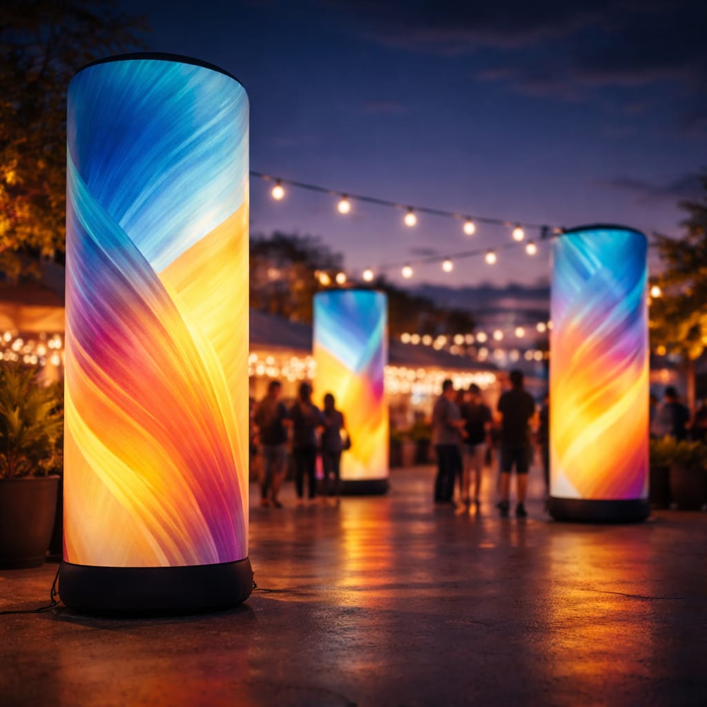 WaveLight Air Towers creating 360-degree illuminated brand displays at a trade show to boost visibility