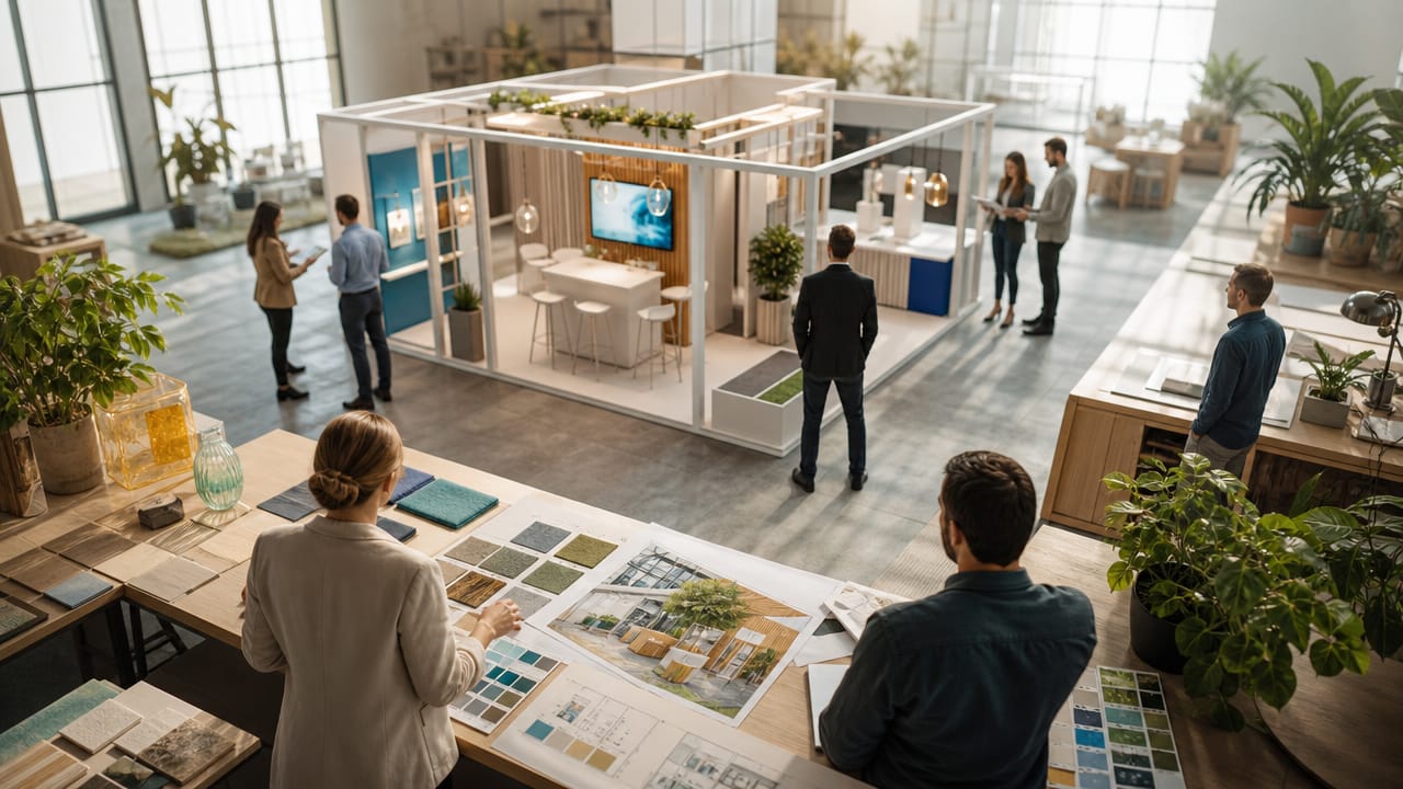 Australian exhibition stand team reviewing messaging and Exhibition Stand Planning before a trade show