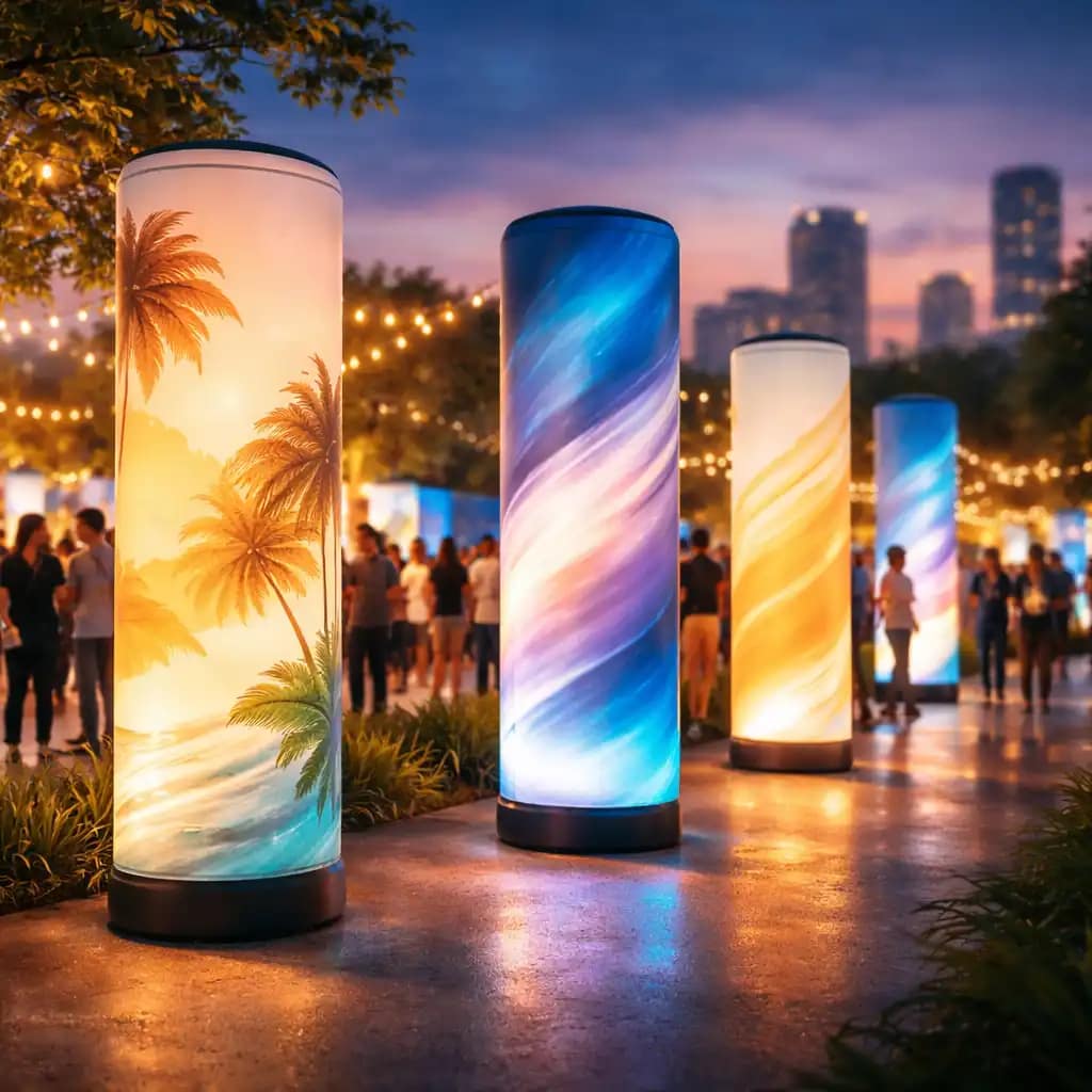 WaveLight Air Towers showcasing bright backlit graphics at a busy trade show booth