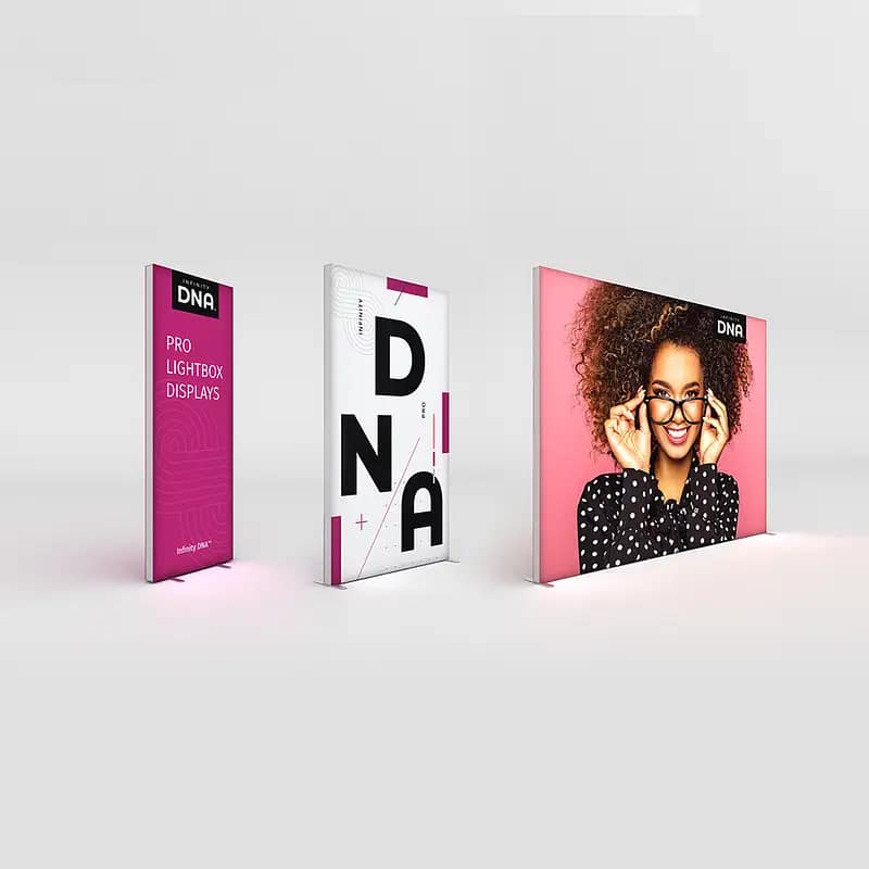 Three Infinity DNA™ Pro Lightboxes showcase various sizes and configurations for impactful retail displays.
