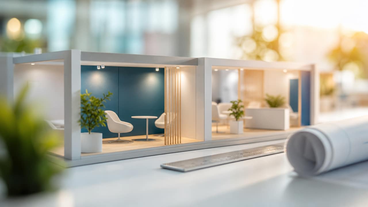 Trade show shell scheme booth using vertical graphics, lighting and counters to maximise limited floor space