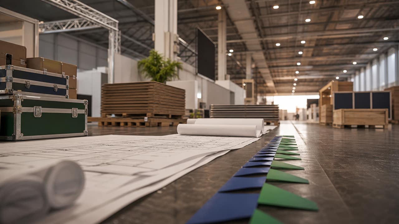 Australian exhibitors reviewing an event preparation schedule and stand design plans.