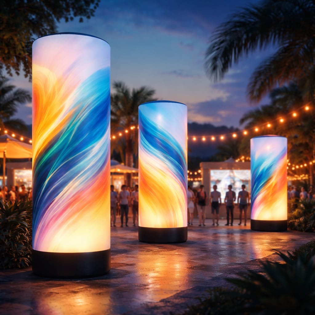 WaveLight Air Towers illuminated at an event