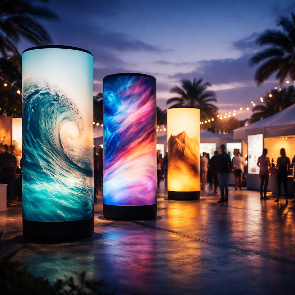 WaveLight Air Towers glowing as LED-lit trade show towers drawing attendees across the exhibition hall