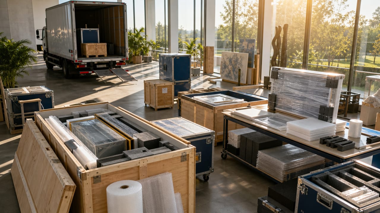 Exhibition crates and packing materials prepared for safe exhibition freight in Australia