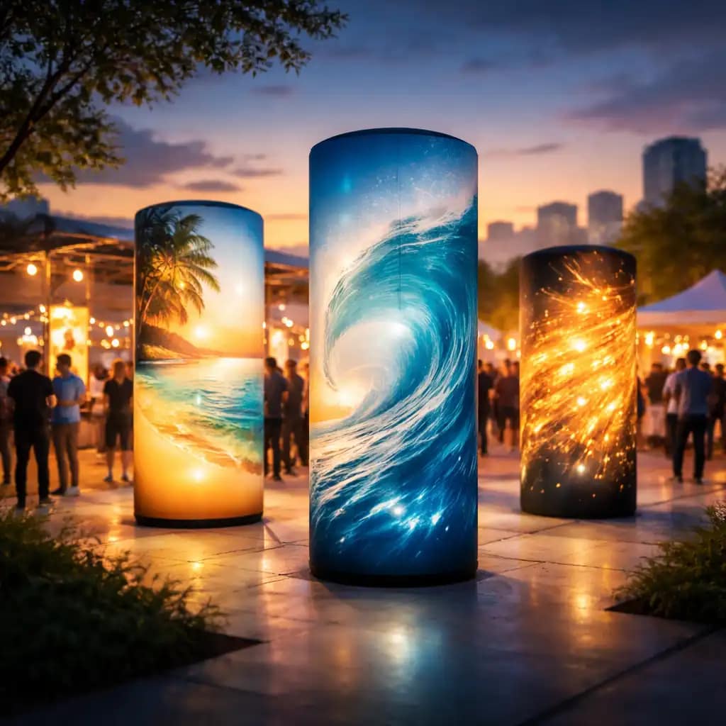 WaveLight Air Towers with LED-lit inflatable displays creating bright 360-degree branding in a busy trade show booth