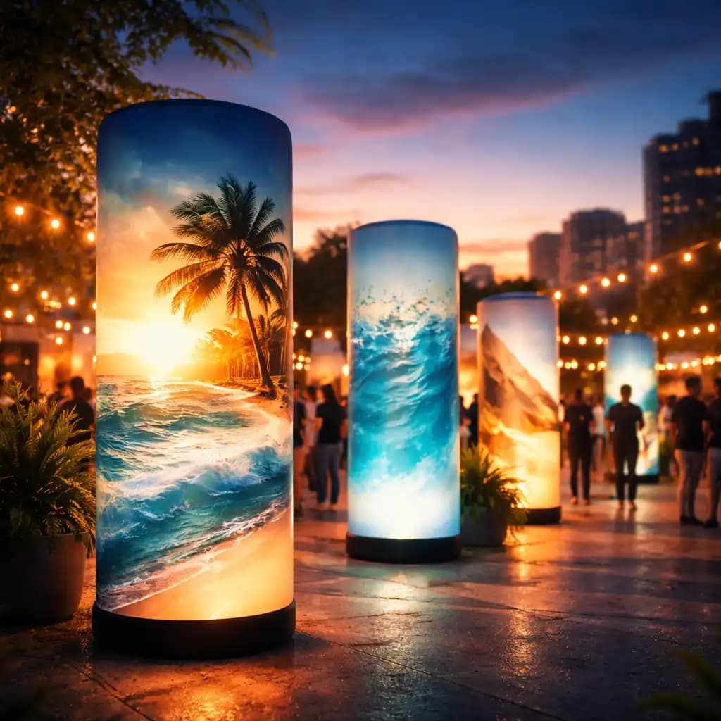 Trade show booth using WaveLight Air Towers as bright 360 degree backlit displays to boost brand visibility