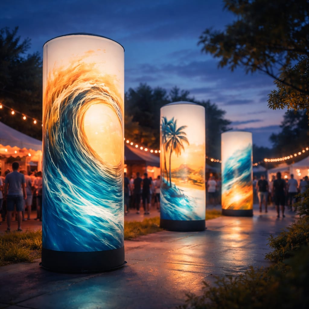 WaveLight Air Towers as portable illuminated event towers with 360 degree inflatable branding for trade shows and expos