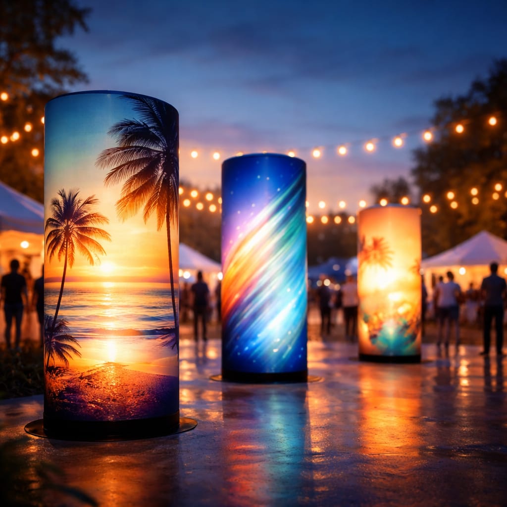 WaveLight Air Towers portable illuminated event towers with branded graphics at a trade show booth