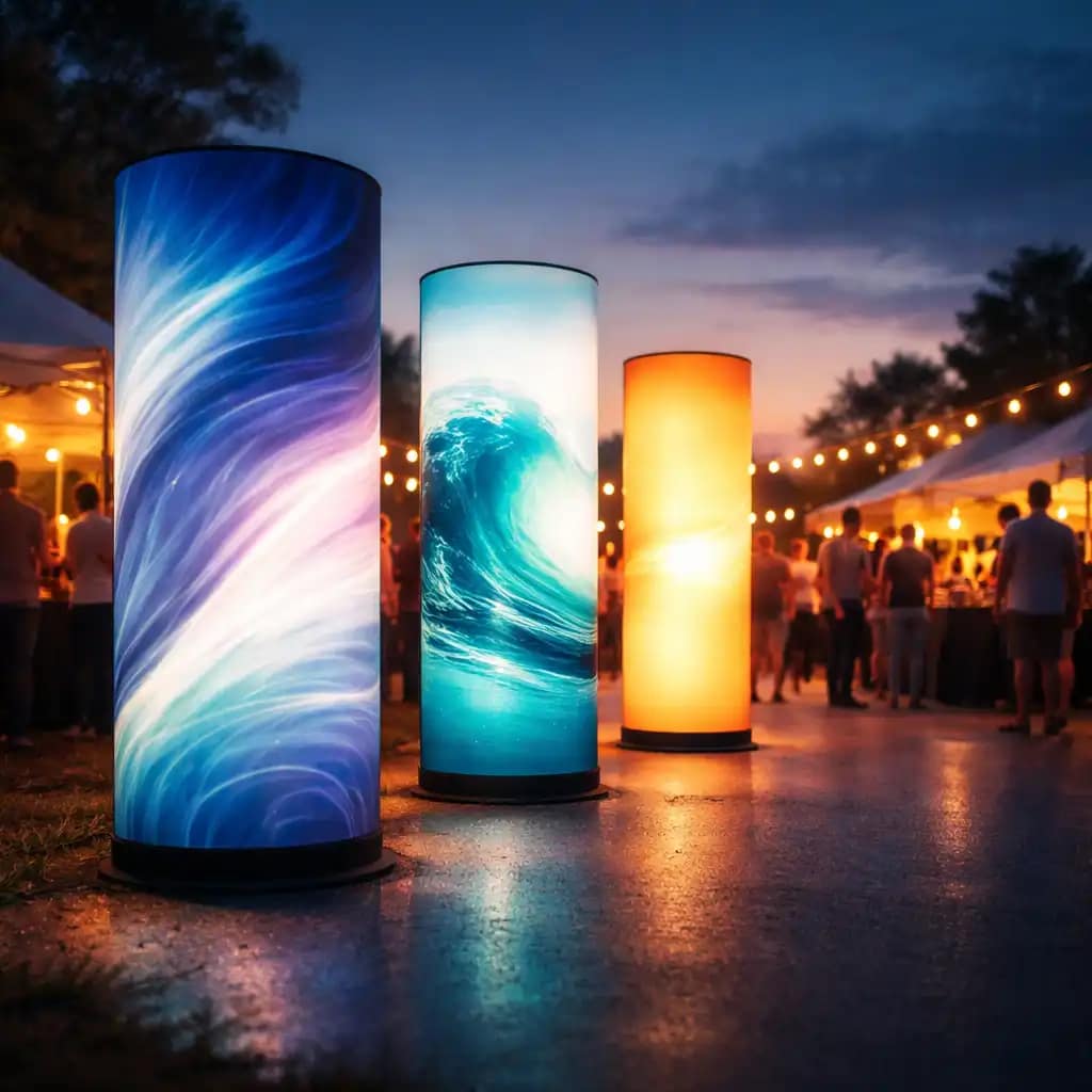 WaveLight Air Towers used as branded inflatable display columns with vibrant backlit graphics at an indoor event