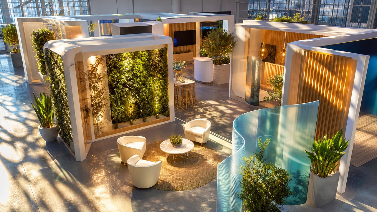 Modern shell scheme stand with warm lighting, branded graphics and seating in an Australian exhibition hall