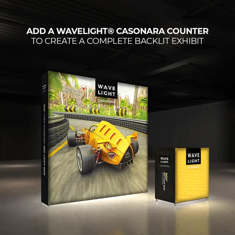Backlit WaveLight® Casonara banners enhance trade show visibility with vibrant graphics and a professional appearance.