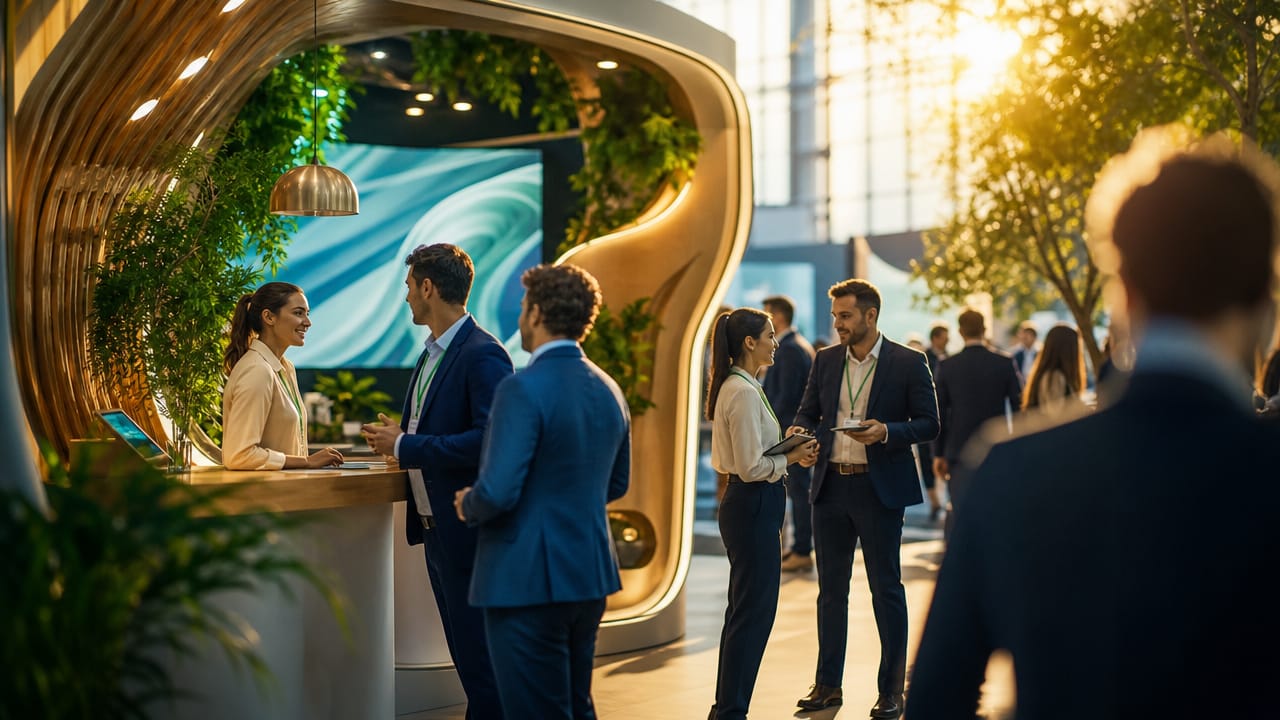 Exhibition stand staffing team engaging visitors at an Australian trade show
