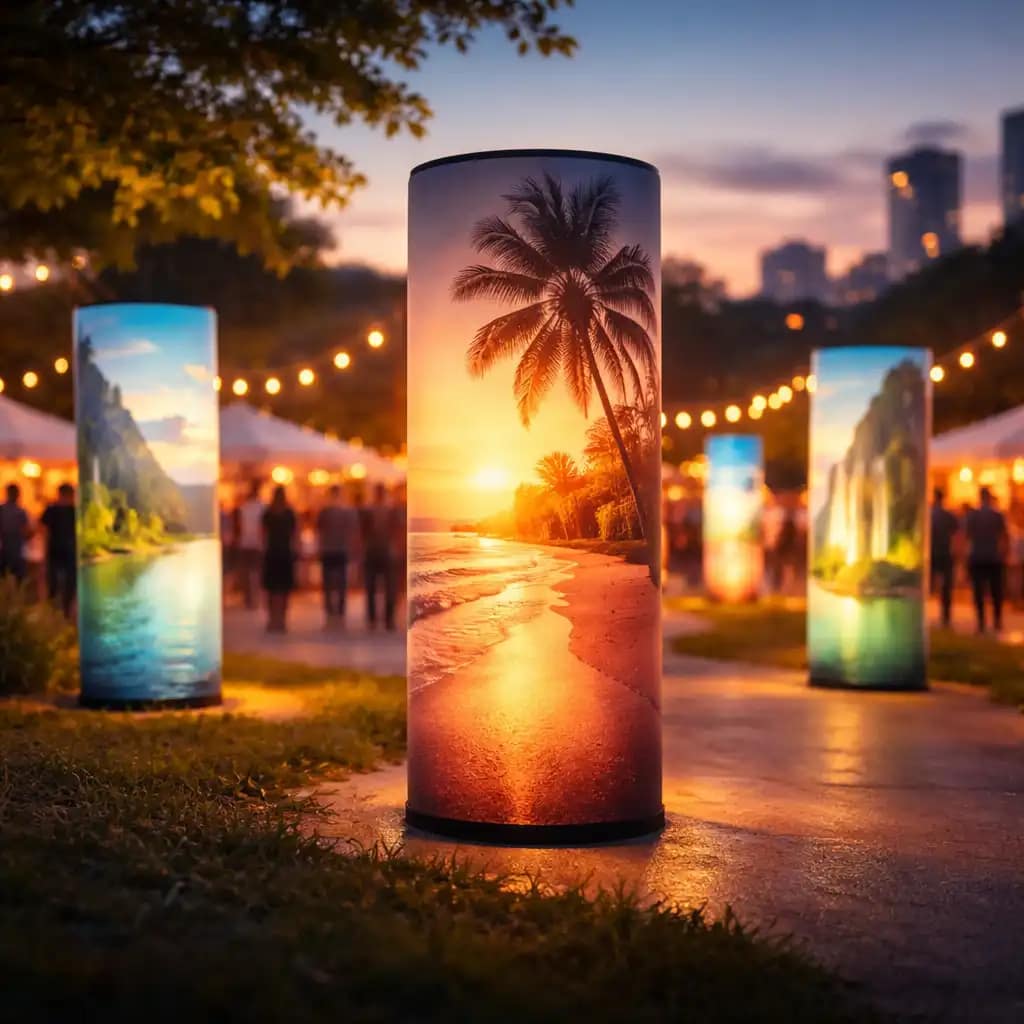 WaveLight Air Towers with branded inflatable tower signage creating illuminated event wayfinding