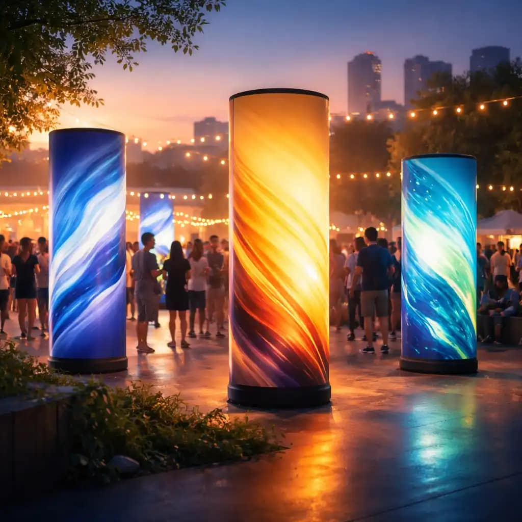 Trade show booth using WaveLight Air Towers for illuminated brand engagement
