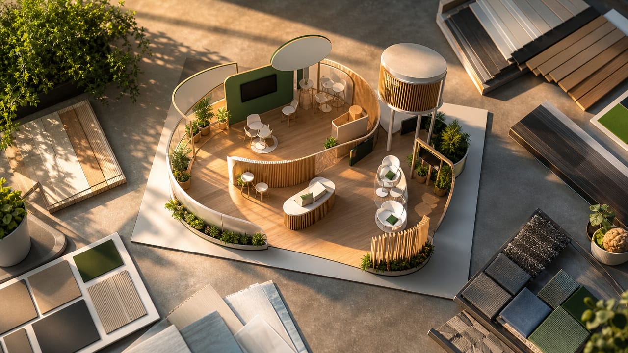 Modern Australian exhibition stand with open visitor-first booth layout and branded product display zones