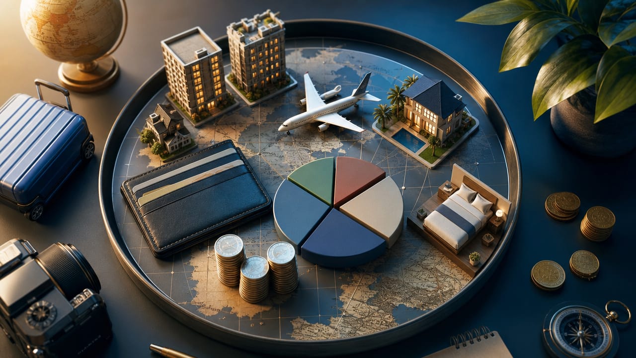 Australian business team planning travel and exhibition budget with cost breakdown on screen