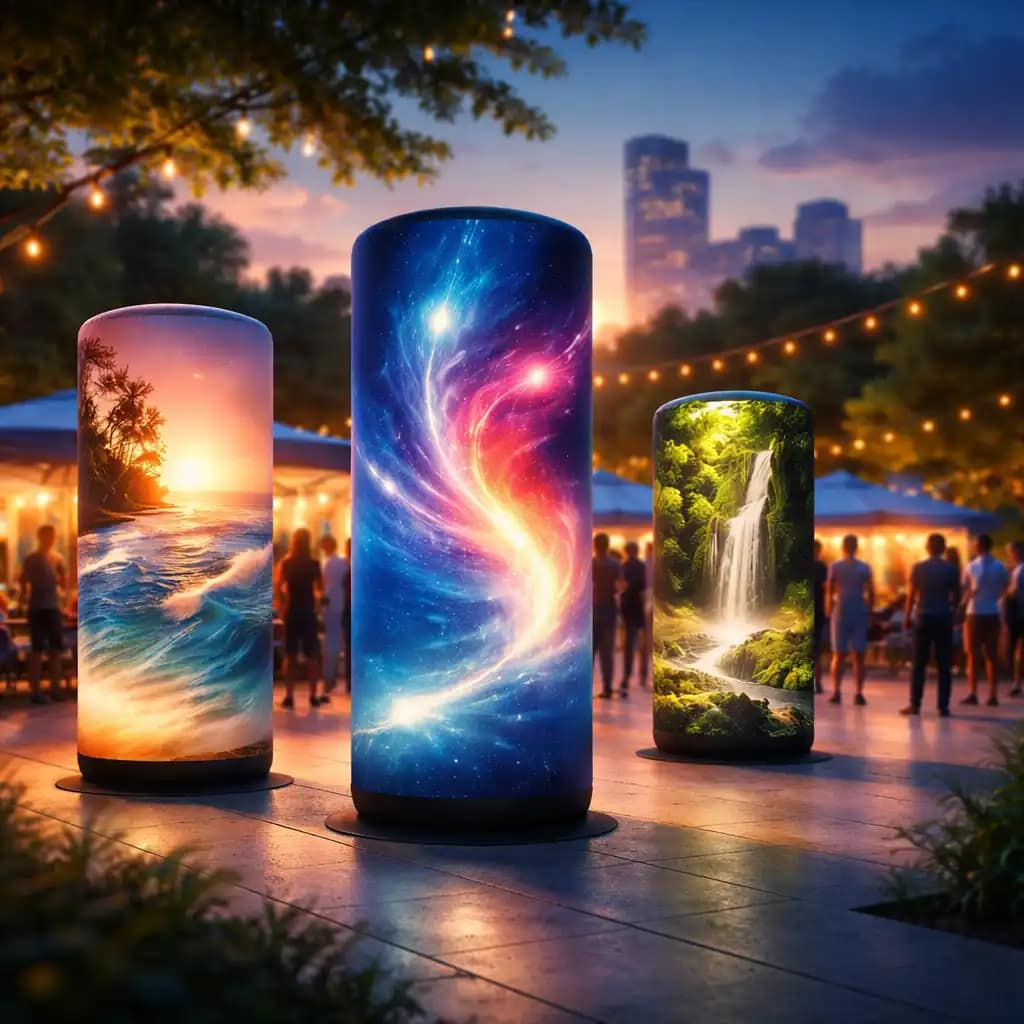 WaveLight Air Towers glowing as LED-lit inflatable displays in a busy indoor trade show