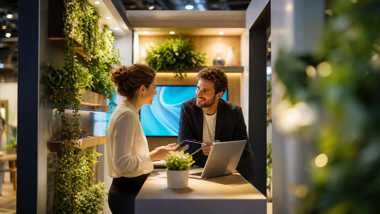 Australian small exhibition stand using vertical space, lighting and clear messaging to attract visitors