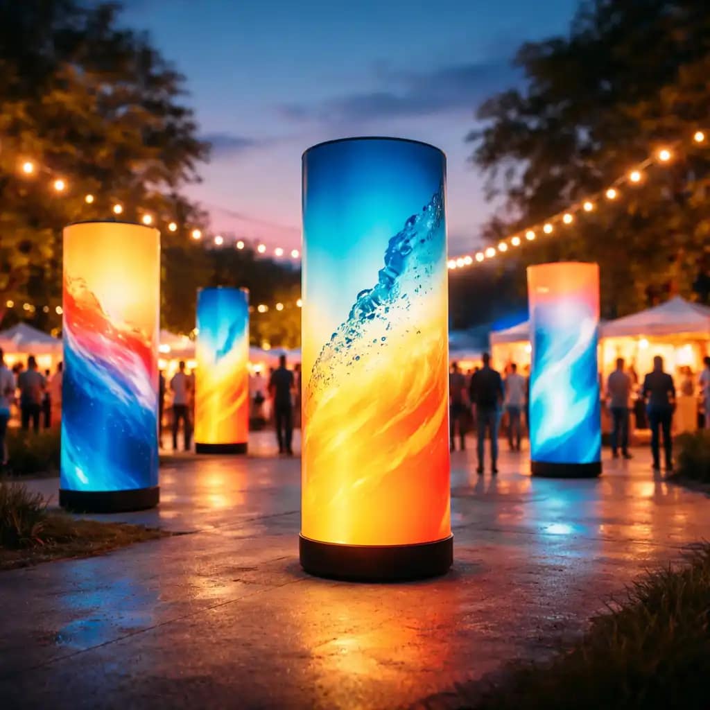 Trade show inflatable towers with custom branded graphics and LED illumination attracting attendees