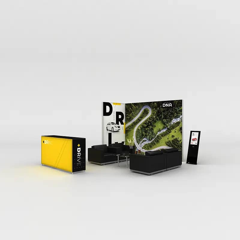 Modern booth design featuring Infinity DNA™ Pro Lightboxes and sleek furniture for impactful exhibition displays.