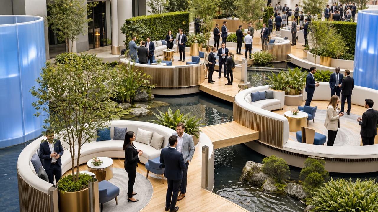 Australian exhibitors discussing exhibition networking strategies during a busy trade show