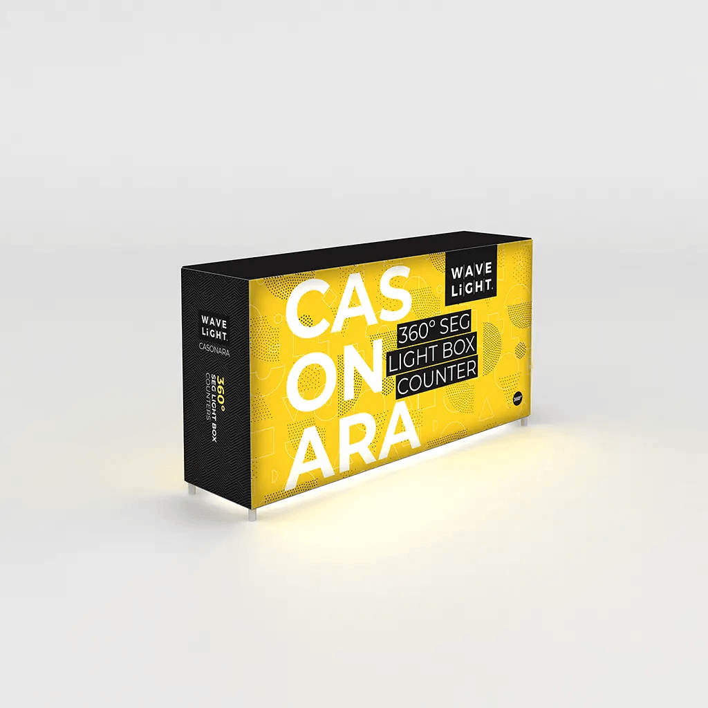 Illuminated WaveLight® Casonara counter showcasing vibrant design, ideal for high-quality exhibition stands and brand